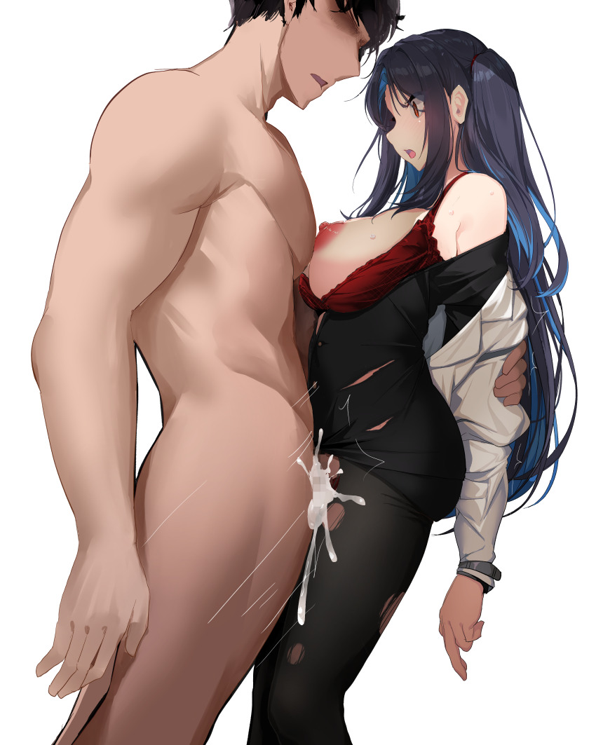 1boy 1girl absurdres black_dress black_hair black_pantyhose blue_hair bra breasts breasts_out clothed_female_nude_male collared_shirt colored_inner_hair commentary_request commission cum cum_in_pussy dress ejaculation fucked_silly grabbing_another&#039;s_arm highres large_breasts long_hair motion_lines multicolored_hair nipples no_eyes nude off_shoulder one_side_up open_bra open_clothes open_dress original pantyhose red_bra red_eyes sex shirt shirt_partially_removed short_hair simple_background skeb_commission standing standing_missionary standing_sex streaked_hair sweat torn_clothes torn_pantyhose underwear variant_set very_long_hair white_background white_shirt wide-eyed yanagui_yugi
