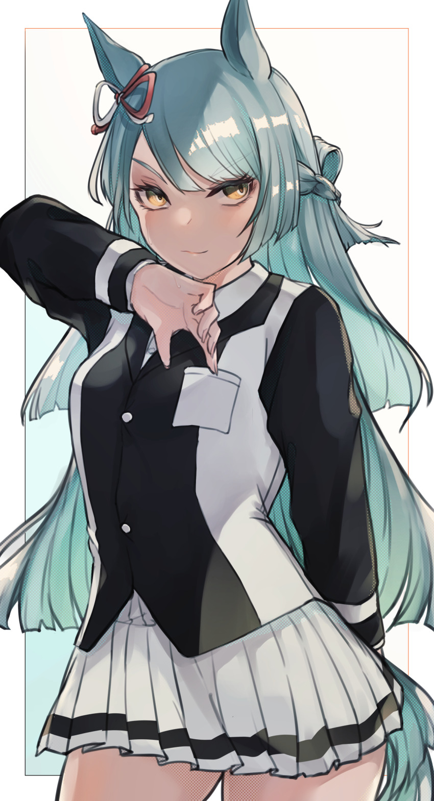 1girl absurdres animal_ears black_jacket blazer bow braid closed_mouth commentary commission cowboy_shot crown_braid ear_ribbon fujimasa_march_(umamusume) green_hair half_updo highres horse_ears horse_girl horse_tail jacket kasamatsu_tracen_school_uniform long_hair long_sleeves looking_at_viewer miniskirt multicolored_jacket pleated_skirt school_uniform skeb_commission skirt smile solo standing straight_hair tail tsyn two-tone_jacket umamusume umamusume:_cinderella_gray white_background white_jacket white_skirt yellow_eyes