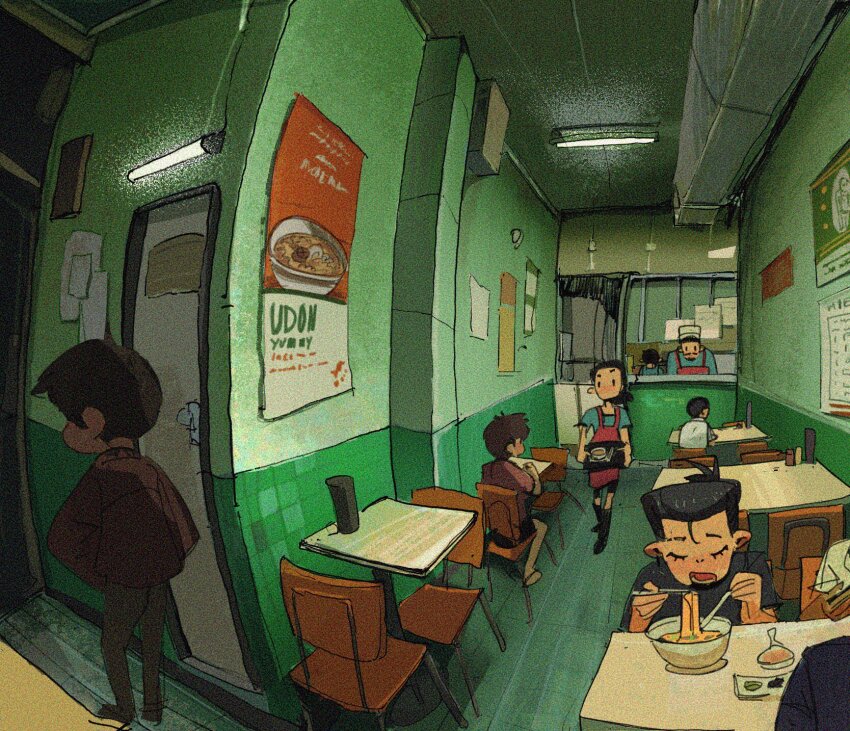 1girl 2others 6+boys apron black_hair black_shirt blue_shirt bowl brown_hair ceiling_light chair chef chef_hat chopsticks closed_eyes door eating fluorescent_lamp food hat highres holding holding_chopsticks holding_tray indoors long_sleeves multiple_boys multiple_others nani_(artofnani) noodles open_mouth original poster_(object) red_apron restaurant shirt short_hair short_sleeves sitting standing table tray udon ventilation_shaft waiter walking white_hat