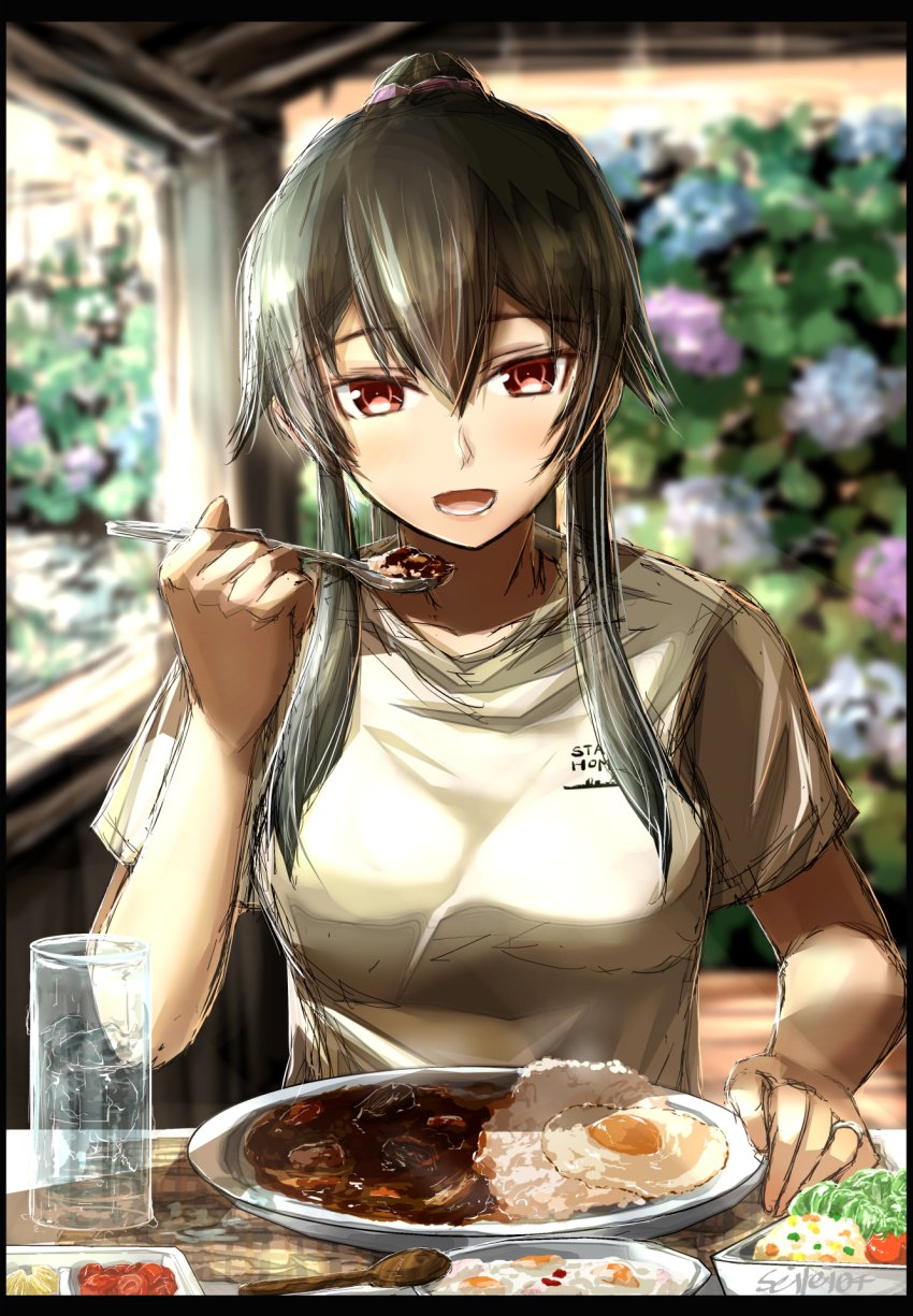 1girl alternate_costume black_hair border breasts curry curry_rice food food_focus hairband highres jewelry kantai_collection long_hair looking_at_viewer meal medium_breasts open_mouth ponytail rice ring seitei_(04seitei) shirt sketch solo upper_body wedding_ring white_shirt yahagi_(kancolle)