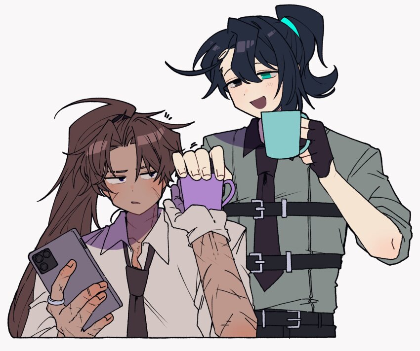 2boys :d black_necktie brown_hair cellphone chest_harness full-stop_office_(identity)_(project_moon) gloves hair_intakes harness heathcliff_(project_moon) high_ponytail highres holding holding_phone hong_lu_(project_moon) jewelry limbus_company long_hair multiple_boys nantekottawo!! necktie open_mouth phone ponytail project_moon ring simple_background smartphone smile very_long_hair wedding_ring white_background white_gloves