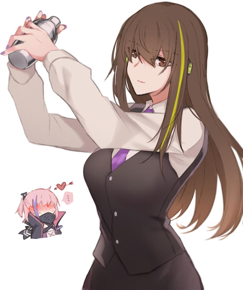 ... 2girls alternate_costume bartender blush brown_eyes brown_hair closed_mouth collared_shirt girls&#039;_frontline green_hair hair_between_eyes highres long_hair long_sleeves looking_at_viewer m4a1_(girls&#039;_frontline) multicolored_hair multiple_girls nail_polish necktie pink_hair purple_neckwear shaker shirt simple_background solo_focus spoken_ellipsis st_ar-15_(girls&#039;_frontline) streaked_hair vest white_background white_shirt yuutama2804