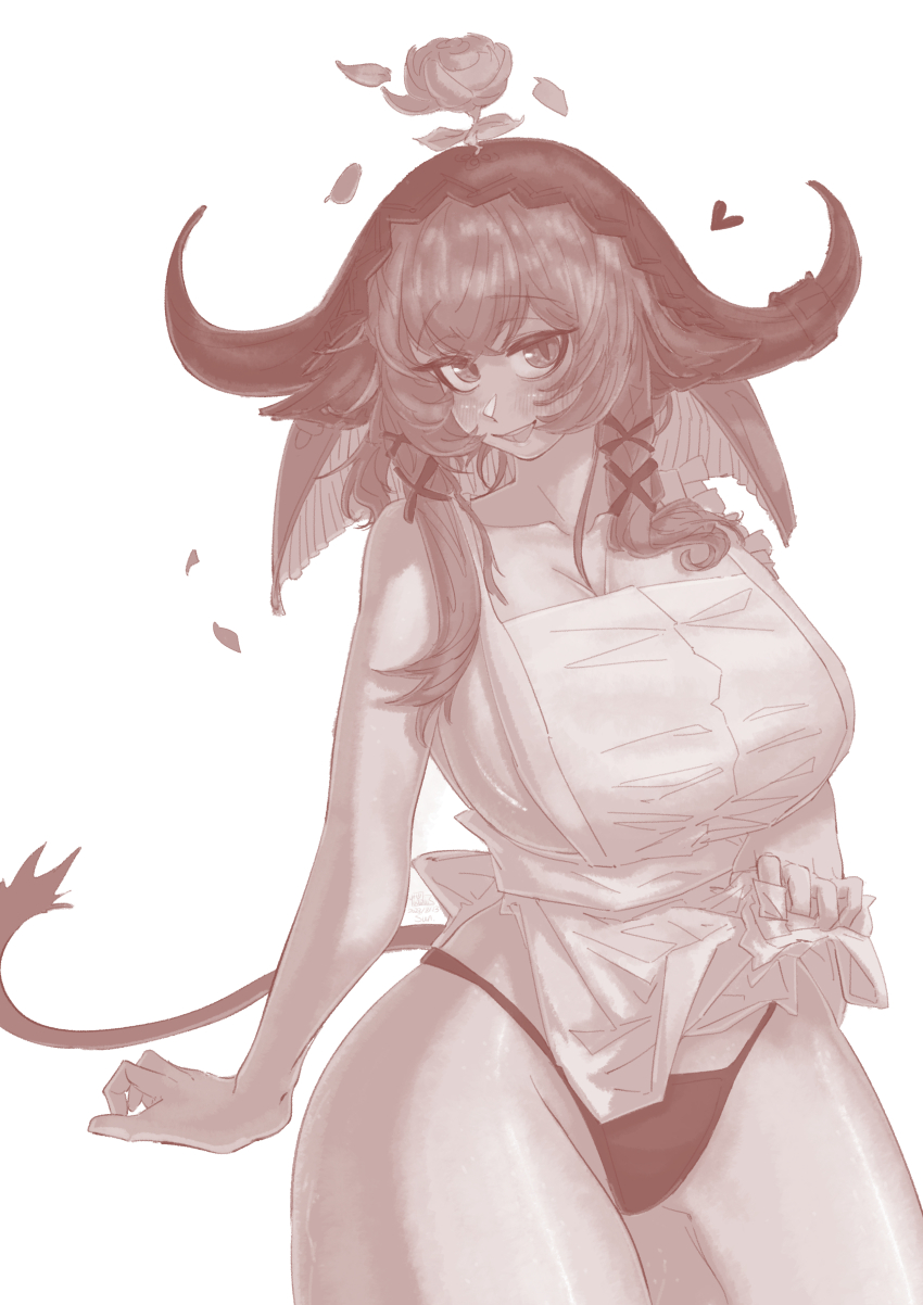 1girl absurdres animal_ears apron apron_lift arknights bare_shoulders black_panties blush breasts clothes_lift dated flower goldentissue1 hair_between_eyes hair_flower hair_ornament hair_over_shoulder hair_tie heart highres horns large_breasts looking_at_viewer monochrome open_mouth pallas_(arknights) panties sideboob sidelocks smile solo tail thick_thighs thighs underwear white_background wide_hips