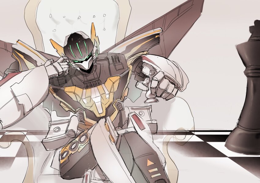 absurdres black_eyes board_game chair chess chess_piece colored_sclera crossed_legs green_sclera head_tilt highres holding holding_chess_piece japsae knight_(chess) korean_commentary looking_to_the_side mecha mecha_focus metal_cardbot no_humans robot sitting sketch sky_gallop