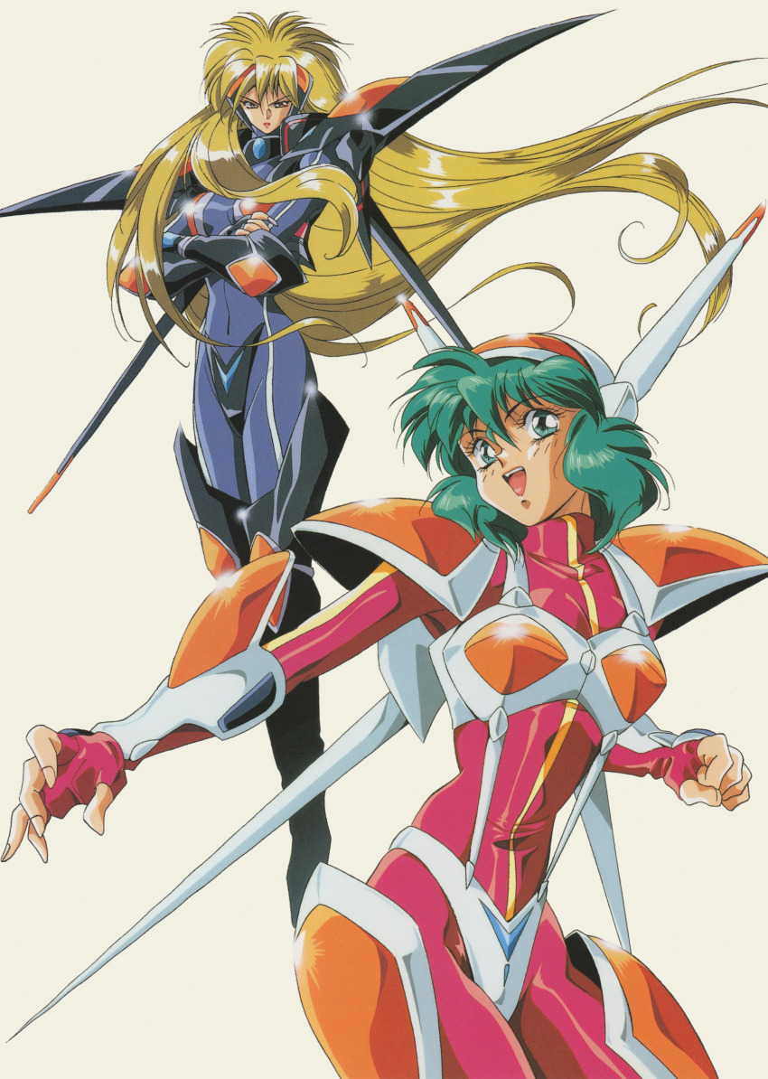 1990s_(style) 2girls absurdres armor blonde_hair bodysuit crossed_arms fingerless_gloves floating_hair gloves green_eyes green_hair helmet highres iczelion iczer_(series) kai_nagisa long_hair medium_hair multiple_girls nami_(iczelion) non-web_source official_art open_mouth retro_artstyle scan shoulder_armor simple_background very_long_hair