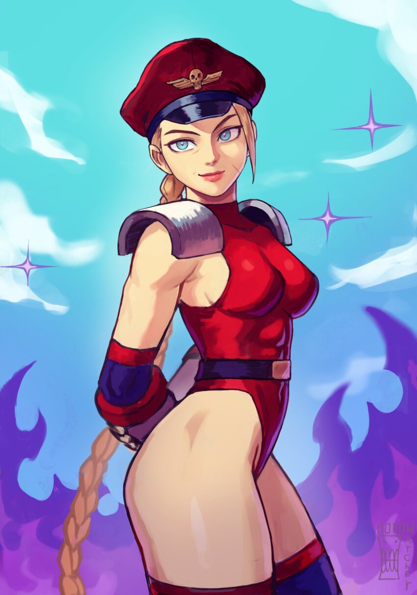 1girl absurdres alternate_costume ass blonde_hair blue_eyes braid breasts cammy_white cosplay curvy gloves hat highleg highleg_leotard highres huge_ass leotard long_hair looking_at_viewer m._bison m._bison_(cosplay) official_alternate_costume scar shiny_skin solo street_fighter thong_leotard twin_braids watcher_hollow wide_hips