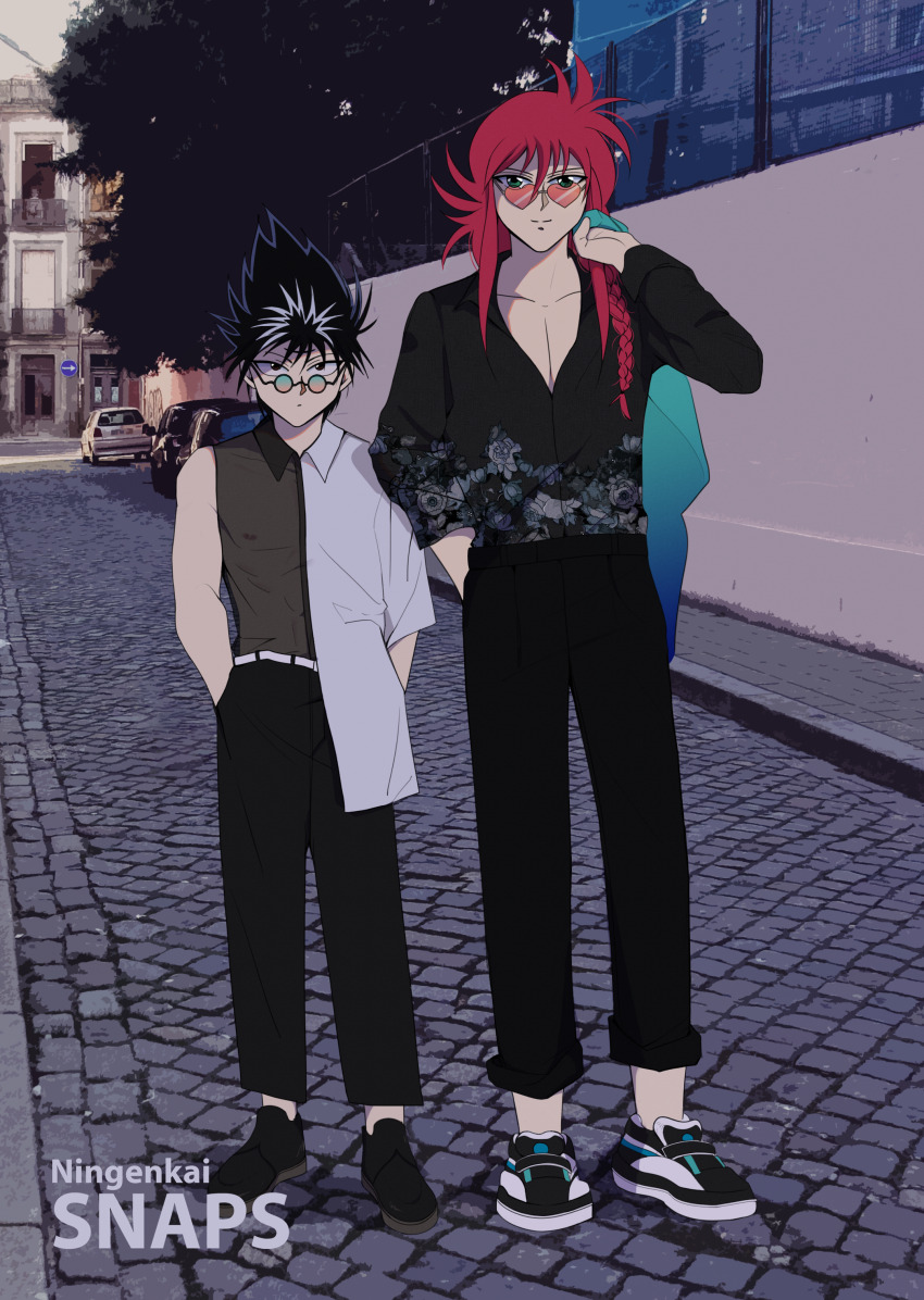 2boys absurdres asymmetrical_sleeves belt black_eyes black_hair black_pants black_shirt black_shoes blue_jacket braid casual closed_mouth collarbone collared_shirt english_text fashion floral_print_shirt flower full_body green_eyes hand_in_pocket hands_in_pockets heart heart-shaped_eyewear hiei_(yu_yu_hakusho) highres holding holding_jacket holding_unworn_clothes jacket kurama_(yu_yu_hakusho) long_hair long_sleeves looking_at_viewer male_focus mini_eyewear multiple_boys one_eye_closed pants pectoral_cleavage pectorals photo_background red-tinted_eyewear red_hair round_eyewear see-through_clothes see-through_shirt shirt shirt_partially_tucked_in shoes short_hair single_braid smile sneakers spiked_hair split_shirt standing third_eye tinted_eyewear uneven_sleeves unworn_jacket v087 white_belt white_shirt yuu_yuu_hakusho