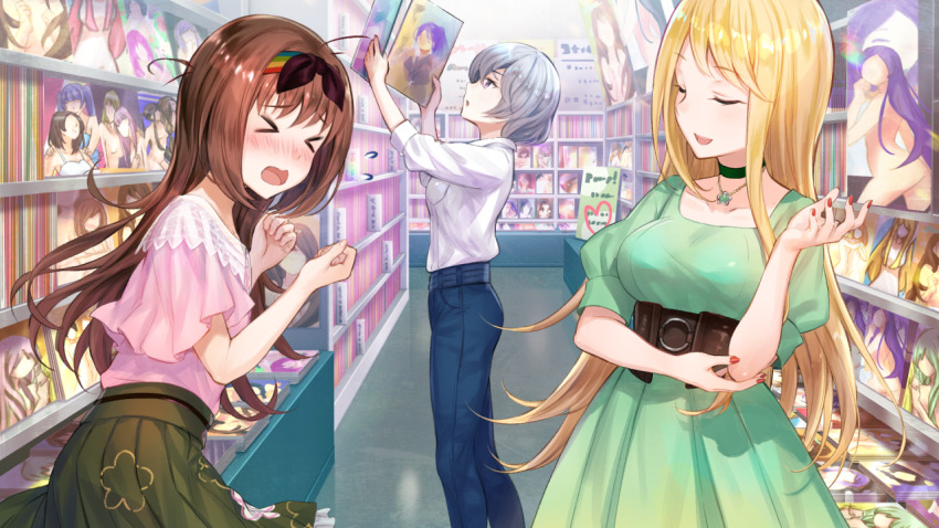 3girls :d blonde_hair blue_pants blush breasts brown_hair closed_eyes collared_shirt cowboy_shot dress floral_print flying_sweatdrops fuzichoco game_cg green_dress green_skirt grey_hair headband holding indoors large_breasts long_hair loose_hair_strand marie_mahler multiple_girls non-web_source nose_blush official_art open_mouth otori_ai pants pink_shirt pleated_skirt pornography print_skirt puffy_short_sleeves puffy_sleeves purple_eyes shirt shop short_sleeves skirt smile standing straight_hair tachibana_nana three-quarter_sleeves u_u white_shirt yumeutsutsu_re:master yuri_(object)