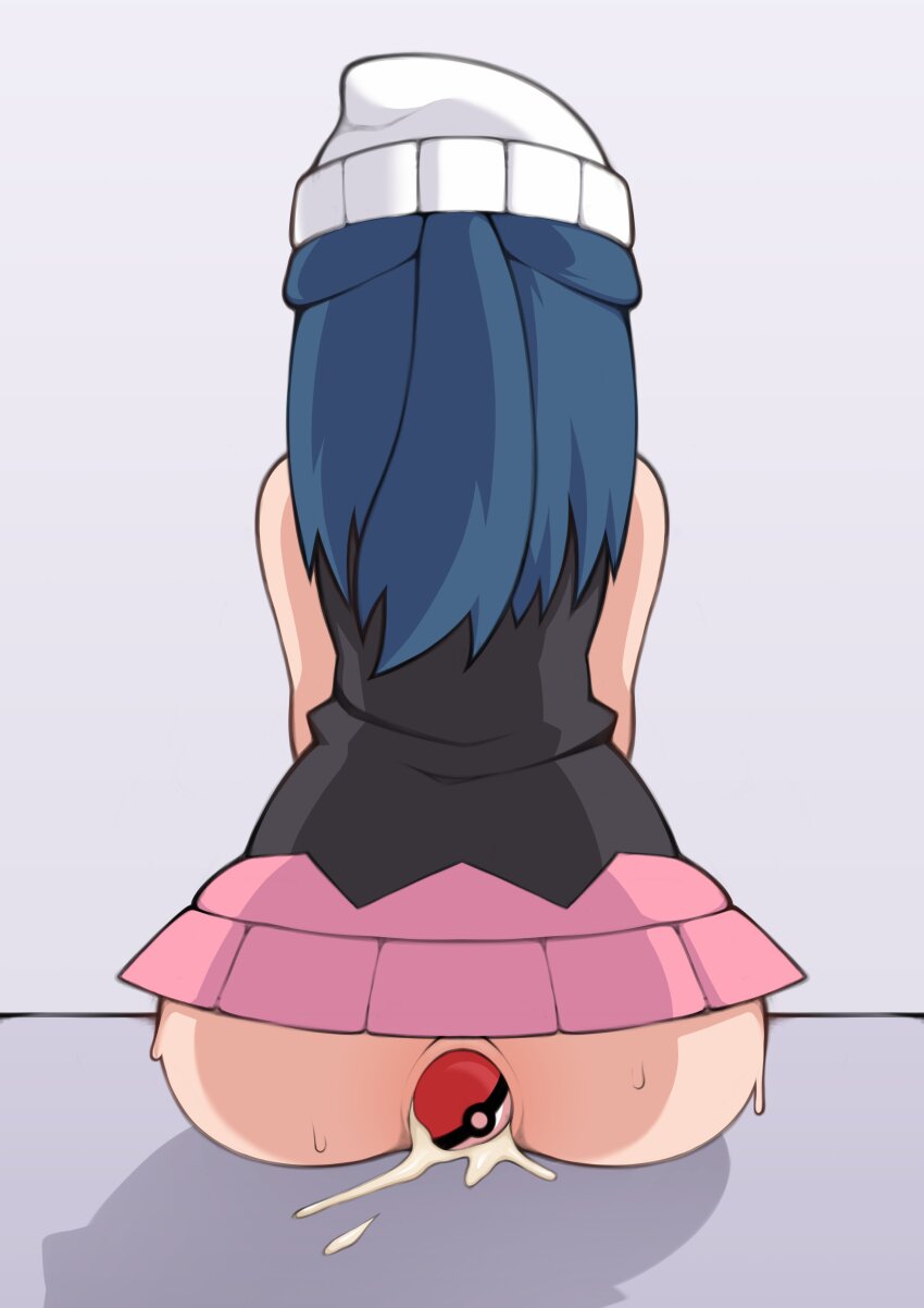 1girl absurdres anal ass blue_hair bottomless cum cum_in_ass dawn_(pokemon) from_behind hat highres long_hair lube masturbation nintendo no_panties notka object_insertion poke_ball poke_ball_(basic) poke_ball_insertion pokemon pokemon_dppt sitting skirt sweat upskirt white_hat