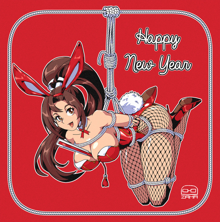 1girl :d animal_ears artist_logo bdsm between_breasts bondage bound breasts brown_eyes brown_hair cleavage detached_collar fake_animal_ears fake_tail fatal_fury female_focus fishnet_pantyhose fishnets framed hairband hand_fan happy_new_year high_heels highleg highleg_leotard highres large_breasts leotard logo long_hair looking_at_viewer matching_hair/eyes new_year open_mouth pantyhose playboy_bunny ponytail rabbit_ears rabbit_tail red_background red_footwear red_leotard rope shibari shibari_over_clothes shiranui_mai smile solo strapless strapless_leotard suspension tail white_rope
