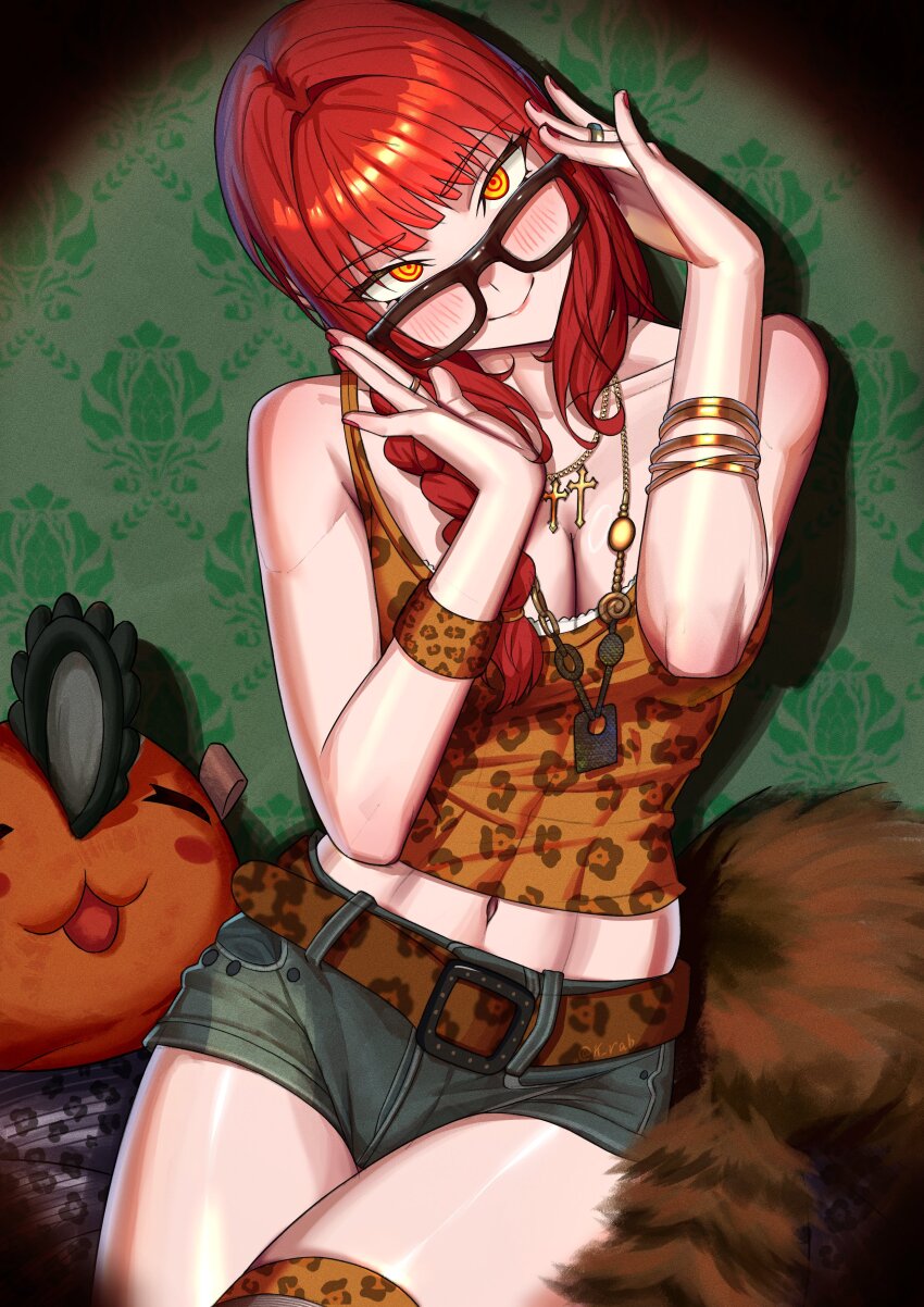 1girl absurdres animal_print belt black_shorts bracelet breasts brown_belt chainsaw_man cleavage cross cross_necklace glasses highres jewelry kan_(k_rab) leopard_print long_hair looking_at_viewer makima_(chainsaw_man) medium_breasts navel necklace pochita_(chainsaw_man) shorts solo stuffed_toy tank_top yellow_eyes