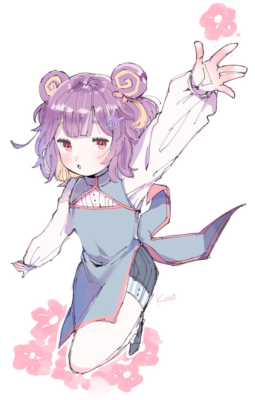 1girl arm_up artist_name blush china_dress chinese_clothes double_bun dress hair_bun hair_ornament highres jikuno looking_at_viewer open_mouth original purple_hair red_eyes shorts simple_background sketch solo white_background