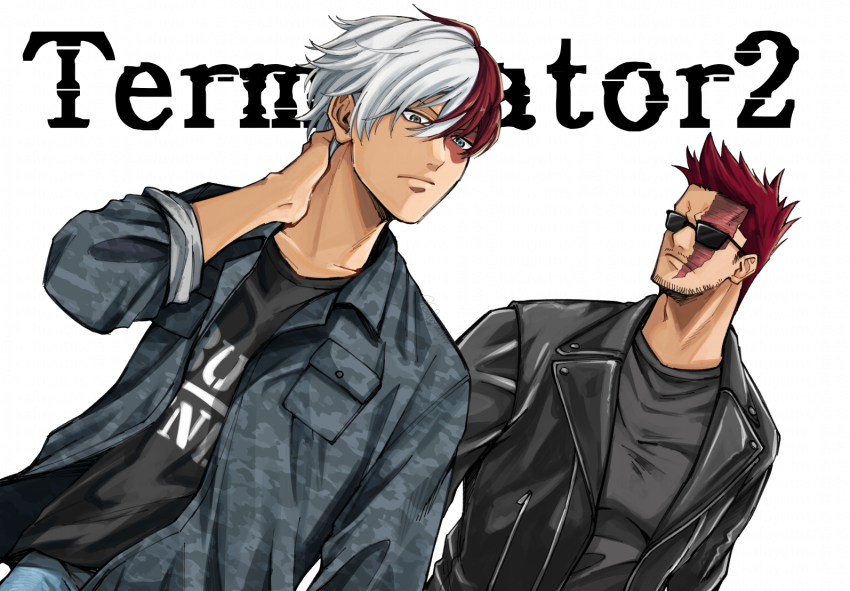 2boys beard_stubble black_jacket black_shirt blue_eyes boku_no_hero_academia burn_scar clothes_writing crossover dutch_angle endeavor_(boku_no_hero_academia) facial_hair father_and_son grey_eyes grey_jacket hand_on_own_neck heterochromia jacket kafuyutns male_focus multiple_boys mustache_stubble red_hair scar scar_on_face shirt short_hair simple_background stubble sunglasses terminator_(series) terminator_2:_judgment_day todoroki_shouto two-tone_background upper_body white_background white_hair