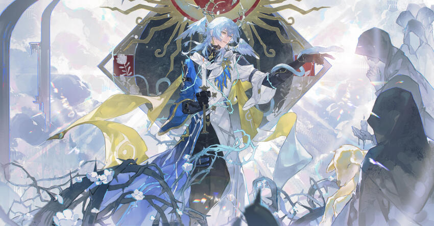 1boy absurdres animal asymmetrical_sleeves black_pants candle candlestand cloud coat earrings feathered_wings fengjian_yuzhi fire flower gloves goat halo halo_behind_head head_wings highres holding holding_candlestand honkai:_star_rail honkai_(series) jewelry long_hair looking_afar mismatched_sleeves pants parted_lips people ring snake snake_wrapped_around_arm standing sunday_(honkai:_star_rail) thorns white_flower white_hair white_wings wings yellow_eyes