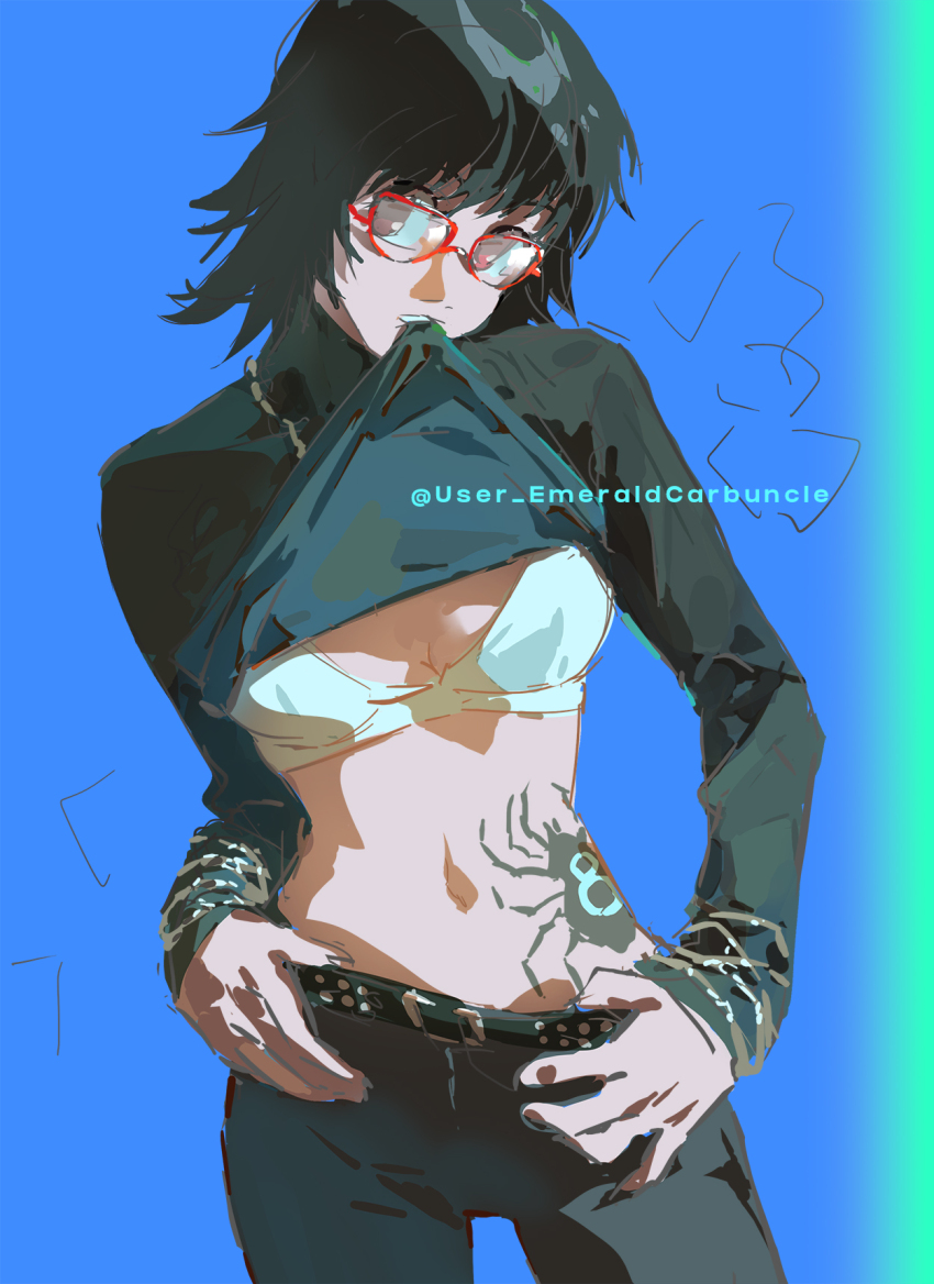 1girl artist_name black_hair commentary emeraldwan34590 english_commentary glasses highres hunter_x_hunter number_tattoo red-framed_eyewear shizuku_murasaki short_hair solo spider_tattoo sweater tattoo turtleneck turtleneck_sweater unfinished