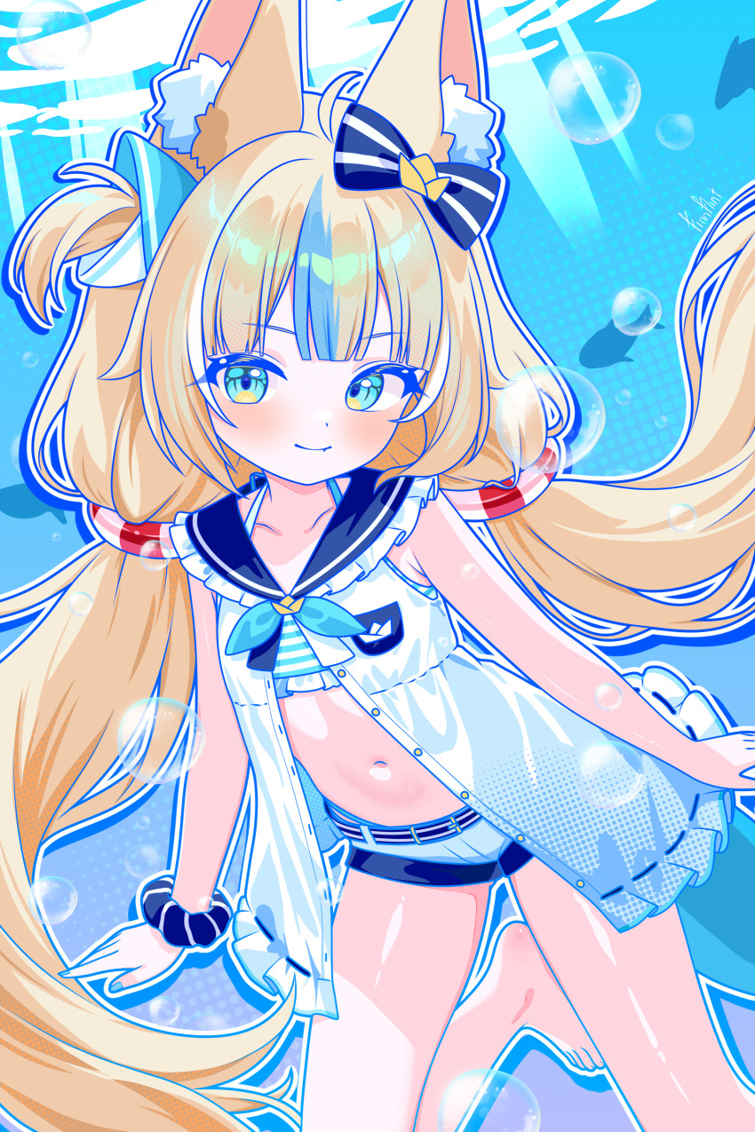 1girl absurdres ahoge animal_ear_fluff animal_ears bikini bikini_under_clothes blonde_hair blue_bikini blue_bow blue_eyes blue_hair blue_sailor_collar blue_scrunchie blunt_bangs bow cat_ears dress fang finn_flint fins fish_girl fish_tail frilled_sailor_collar frills hair_bow highres indie_virtual_youtuber lifebuoy_hair_ornament long_hair looking_at_viewer low_twintails multicolored_hair navel one_side_up open_clothes open_dress sailor_collar sailor_dress sameko_saba scrunchie short_shorts shorts sidelocks sleeveless sleeveless_dress smile solo streaked_hair striped_bikini striped_clothes swimsuit tail twintails very_long_hair virtual_youtuber white_dress white_shorts