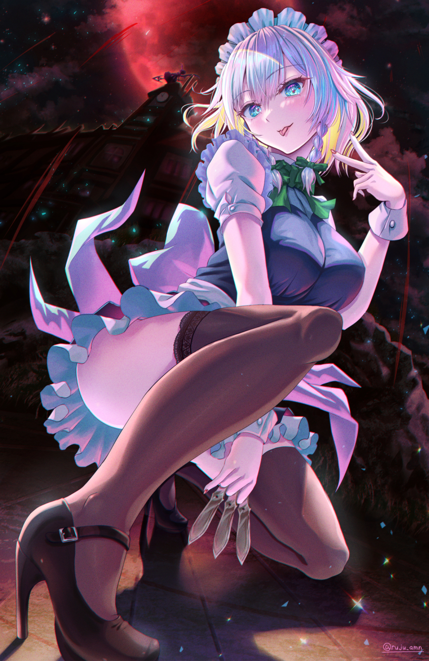 2girls :p back_bow between_fingers blue_eyes blush bow braid breasts colored_inner_hair commentary_request green_bow grey_hair hair_bow high_heels highres holding holding_knife holding_weapon izayoi_sakuya knife knives_between_fingers long_hair looking_at_viewer maid maid_headdress moon multicolored_hair multiple_girls puffy_short_sleeves puffy_sleeves red_moon remilia_scarlet rouge_(my_rouge) shadow shoes short_sleeves spear_the_gungnir tongue tongue_out touhou twitter_username v weapon white_bow wrist_cuffs