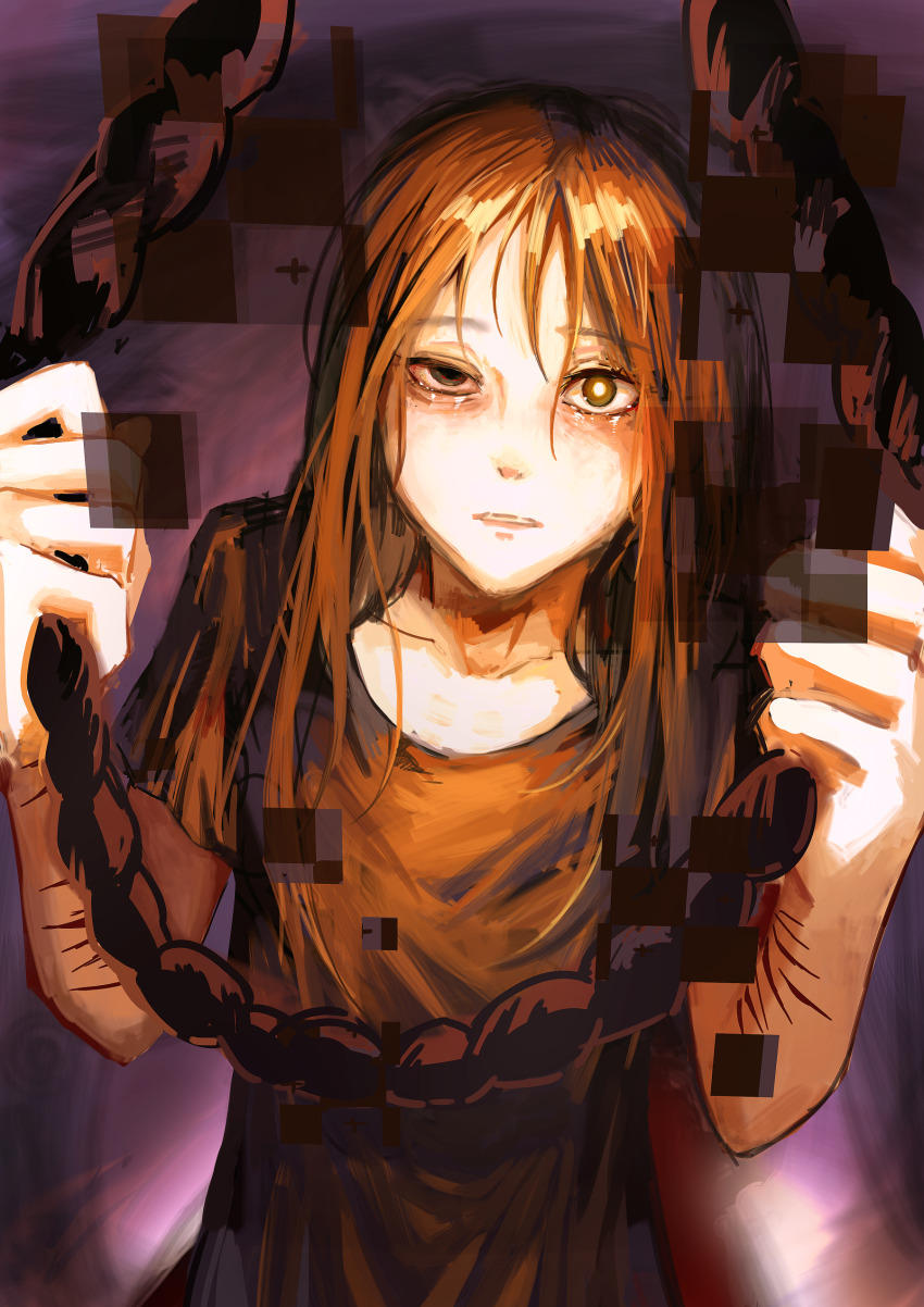1girl absurdres brown_eyes brown_hair brown_shirt commentary crying dark english_commentary half-closed_eye highres holding holding_rope imminent_suicide long_hair noose original rope self-harm_scar shirt solo upper_body user_mhtg3322