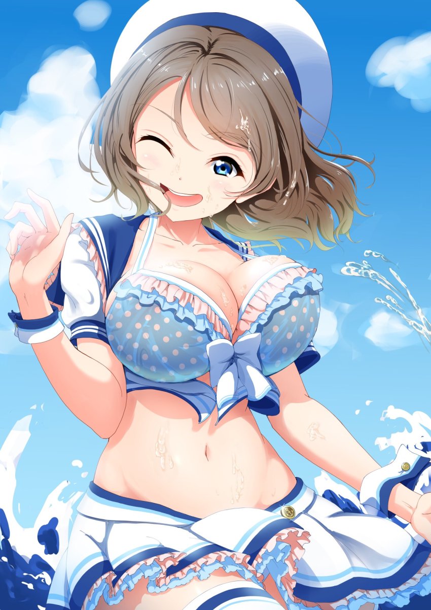1girl amagi_(volfuji) beret bikini bikini_top_only blue_eyes blue_sky bow bow_bikini breasts cleavage cloud collarbone crop_top day frill_trim frills hat highres large_breasts layered_skirt light_brown_hair love_live! love_live!_school_idol_festival love_live!_sunshine!! miniskirt navel one_eye_closed open_mouth pleated_skirt polka_dot polka_dot_bikini polka_dot_bikini_top short_hair short_sleeves skirt sky smile splashing swimsuit teeth thighhighs upper_teeth_only watanabe_you water wet wet_clothes wet_hair white_headwear wrist_cuffs zettai_ryouiki
