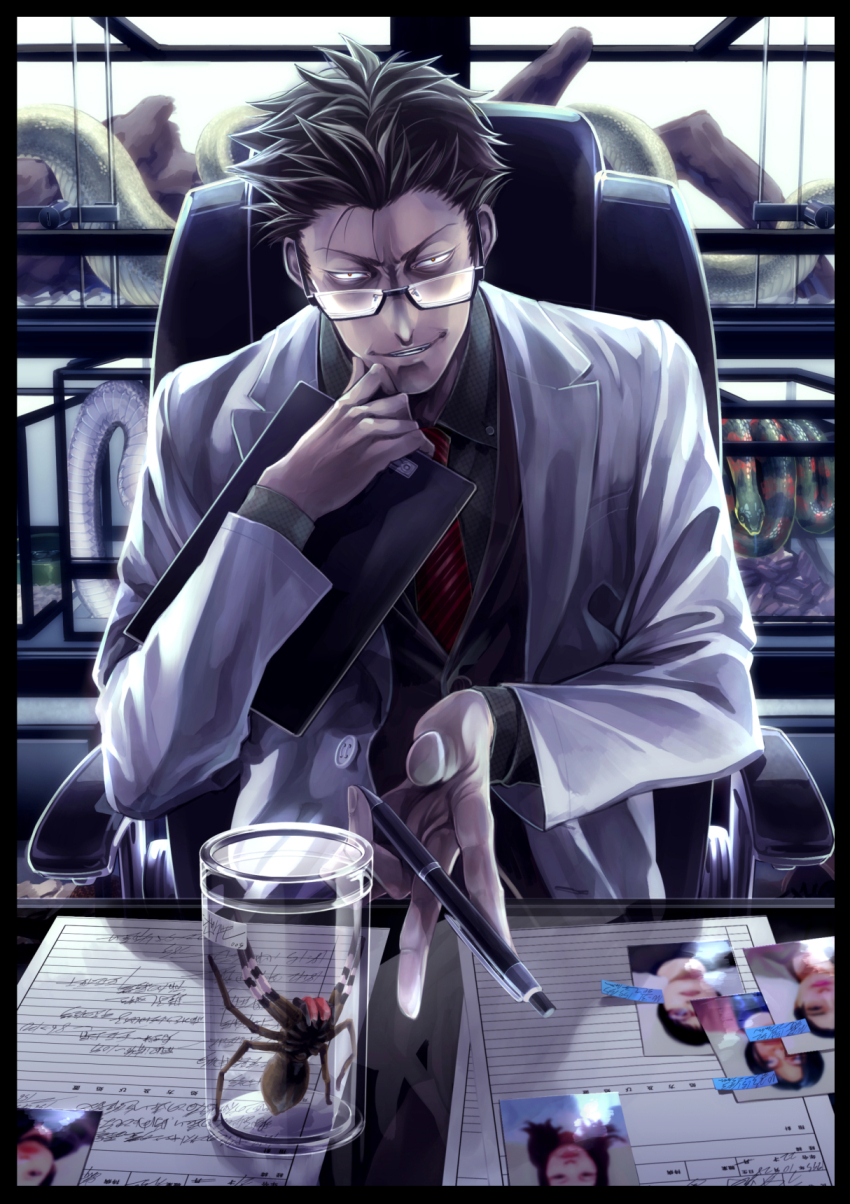 1boy black-framed_eyewear black_suit buttons chair clipboard evil_grin evil_smile formal_clothes glaring glasses grin highres holding holding_clipboard lab_coat male_focus necktie original pen photo_(object) red_eyes red_necktie scientist semi-rimless_eyewear short_hair sideburns sitting smile snake suit tanotsuku_daisuke tarantula translation_request