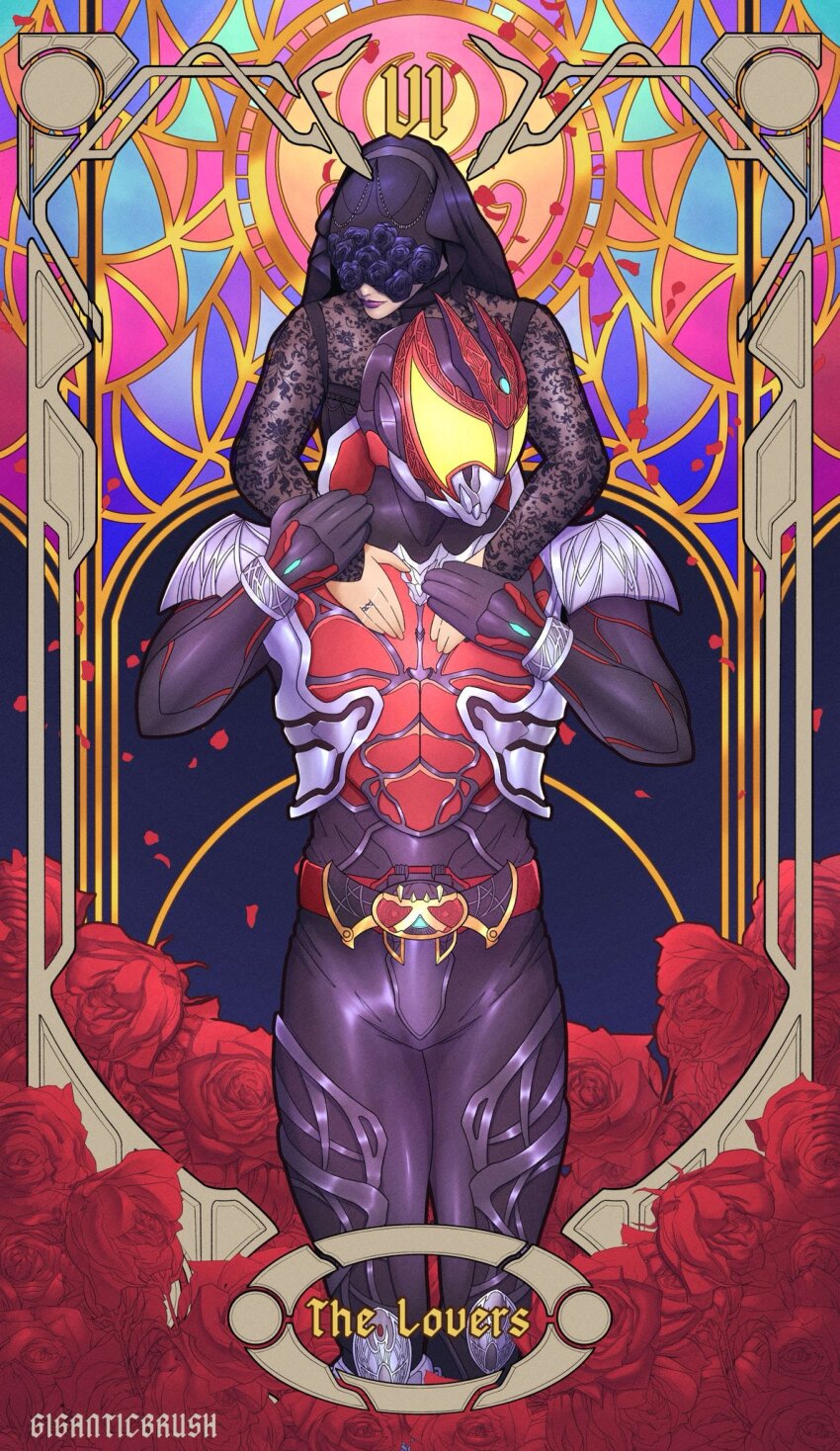 1boy 1girl armor belt black_bodysuit black_dress black_flower black_hair black_lips black_nails black_rose bodysuit card_(medium) chain closed_mouth dress dress_flower flower giganticbrush gloves goth_fashion helmet highres holding horns kamen_rider kamen_rider_kiva kamen_rider_kiva_(series) kivat-bat_iii kivat_belt long_sleeves looking_at_viewer male_focus red_eyes rider_belt rose smile stained_glass standing tarot tarot_(medium) the_lovers_(tarot) tokusatsu vampire wedding_dress window wings yellow_eyes