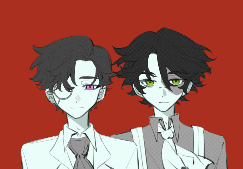 2boys ascot burn_scar chinese_commentary closed_mouth collared_shirt commentary_request curtained_hair dianbo635 expressionless green_eyes greyscale_with_colored_background hair_between_eyes highres identity_v jacket lapels male_focus monocle multiple_boys norton_campbell nose_piercing notched_lapels orpheus_(identity_v) piercing pink_eyes procreate_(medium) red_background scar scar_on_face shirt short_hair simple_background spot_color suspenders