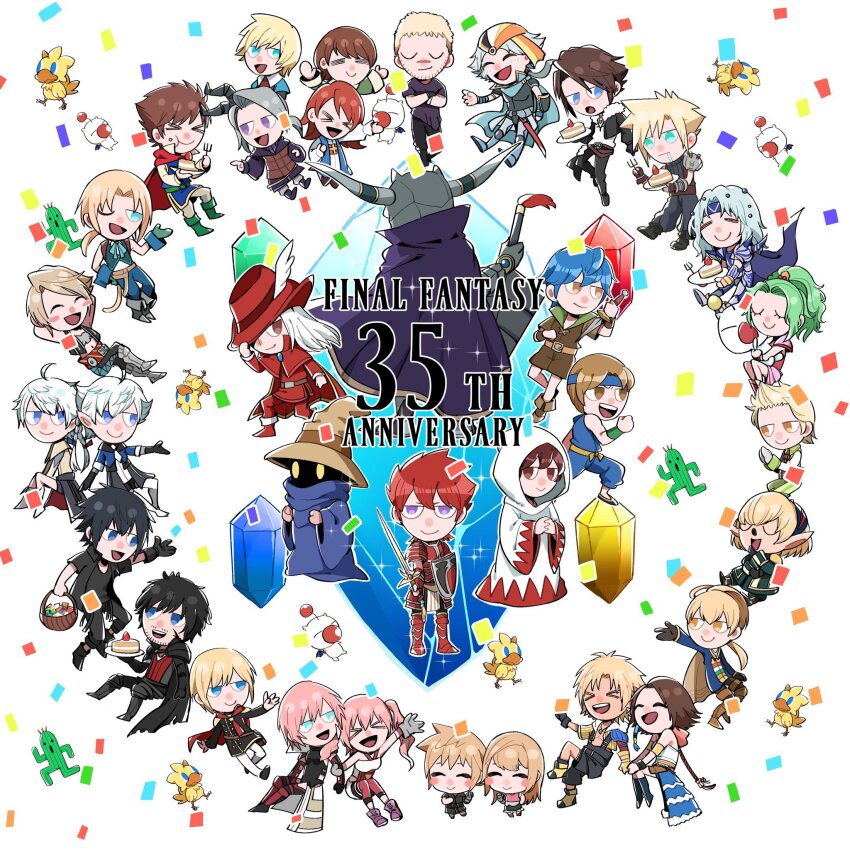 &gt;_&lt; 6+boys 6+girls :&gt; ace_(fft-0) alisaie_leveilleur alphinaud_leveilleur anniversary arc_(ff3) armor bartz_klauser basket beard black_hair black_mage_(final_fantasy) blonde_hair brother_and_sister brown_hair cake cape cecil_harvey chibi chocobo clavat clive_rosfield cloud_strife confetti crystal eating elezen elf facial_hair final_fantasy final_fantasy_crystal_chronicles final_fantasy_i final_fantasy_ii final_fantasy_iii final_fantasy_iv final_fantasy_ix final_fantasy_tactics final_fantasy_type-0 final_fantasy_v final_fantasy_vi final_fantasy_vii final_fantasy_viii final_fantasy_x final_fantasy_x-2 final_fantasy_xi final_fantasy_xii final_fantasy_xiii final_fantasy_xiii-2 final_fantasy_xiv final_fantasy_xv final_fantasy_xvi firion food garland_(ff1) highres ingus jack_garland jacket lann_(world_of_final_fantasy) lightning_farron lightning_returns:_final_fantasy_xiii looking_at_viewer luneth mog monk_(final_fantasy) moogle multiple_boys multiple_girls nnnmmg0725 noctis_lucis_caelum pink_hair pointy_ears ramza_beoulve red_mage_(final_fantasy) refia reynn_(world_of_final_fantasy) robe sabotender scar scar_on_face serah_farron shantotto shield siblings simple_background sisters squall_leonhart square_enix stranger_of_paradise:_final_fantasy_origin sword tail tarutaru thief_(final_fantasy) tidus tina_branford twins vaan_(ff12) warrior_(final_fantasy) weapon white_mage_(final_fantasy) world_of_final_fantasy yuna_(ff10) zidane_tribal