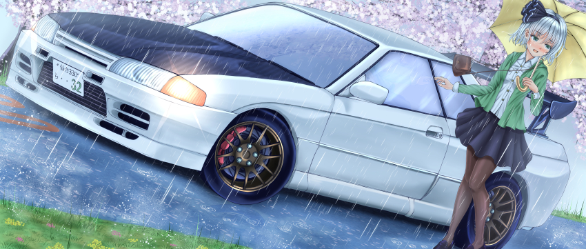 1girl absurdres bag black_footwear black_hairband black_skirt bob_cut breasts car cherry_blossoms crying green_jacket hairband handbag highres jacket konpaku_youmu medium_skirt motor_vehicle nissan nissan_gt-r nissan_skyline nissan_skyline_gt-r nissan_skyline_r32 rain shirt short_hair silver_hair skirt small_breasts thighhighs touhou umbrella vehicle_focus white_shirt yagamin258