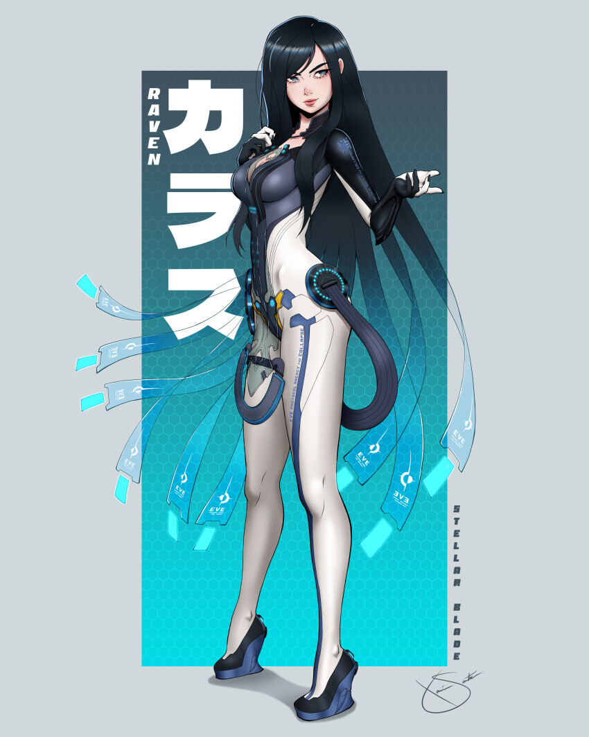 1girl absurdres black_hair blue_eyes bodysuit character_name copyright_name grey_bodysuit highres long_hair raven_(stellar_blade) raven_suit_(stellar_blade) signature skin_tight stellar_blade swept_bangs two-tone_bodysuit xaviersantos