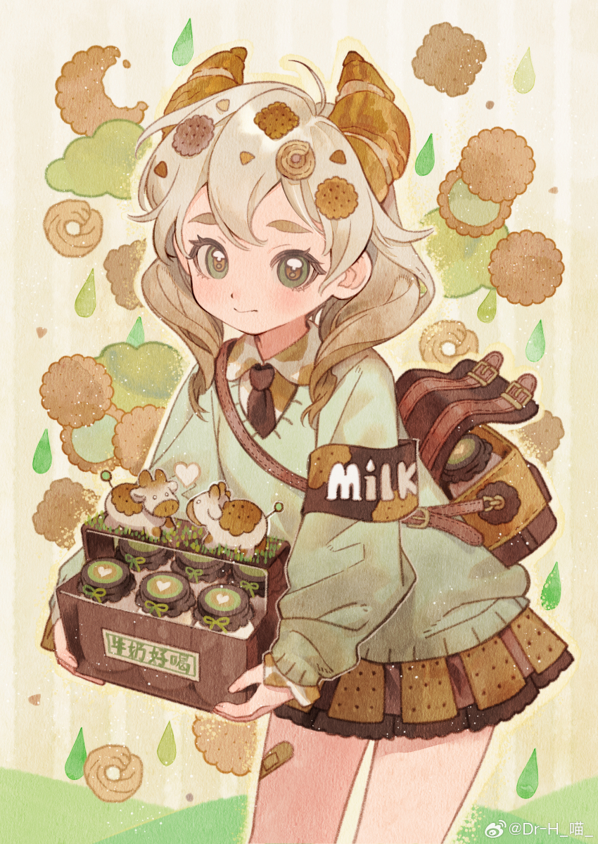 absurdres bag bread bread_slice cake cake_slice chinese_text dress food harrymiao highres horns original shoulder_bag smile watermark white_hair