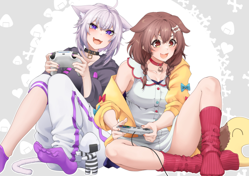 2girls :d animal_ear_fluff animal_ears armpit_crease black_hoodie blue_bow blush bow braid breasts brown_eyes brown_hair cat_ears cat_girl cat_tail cleavage collar collarbone controller convenient_leg crossed_bangs dog_ears dog_girl dress fang fangs feet floppy_ears foot_out_of_frame full_body game_controller grey_background hair_between_eyes hair_ornament hair_over_shoulder hands_up holding holding_controller holding_game_controller hololive hood hood_down hoodie inugami_korone inugami_korone_(1st_costume) jacket knee_up knees_together_feet_apart knees_up legs listener_(inugami_korone) long_sleeves medium_breasts medium_hair multiple_girls nail_polish nakiusagi nekomata_okayu nekomata_okayu_(1st_costume) onigirya_(nekomata_okayu) open_clothes open_jacket open_mouth pants purple_eyes purple_hair purple_nails purple_socks red_bow red_socks ribbed_socks short_dress sidelocks simple_background single_off_shoulder sitting skin_fang sleeveless sleeveless_dress smile socks soles super_famicom_gamepad tail thighs toe_seam toes twin_braids virtual_youtuber white_dress white_pants yellow_jacket