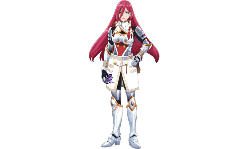 1girl anime_coloring armor breasts character_request full_armor full_body green_eyes hair_between_eyes hand_on_own_hip highres long_hair long_hair_between_eyes looking_at_viewer medium_breasts official_art red_hair rerebrace shangri-la_frontier solo standing transparent_background