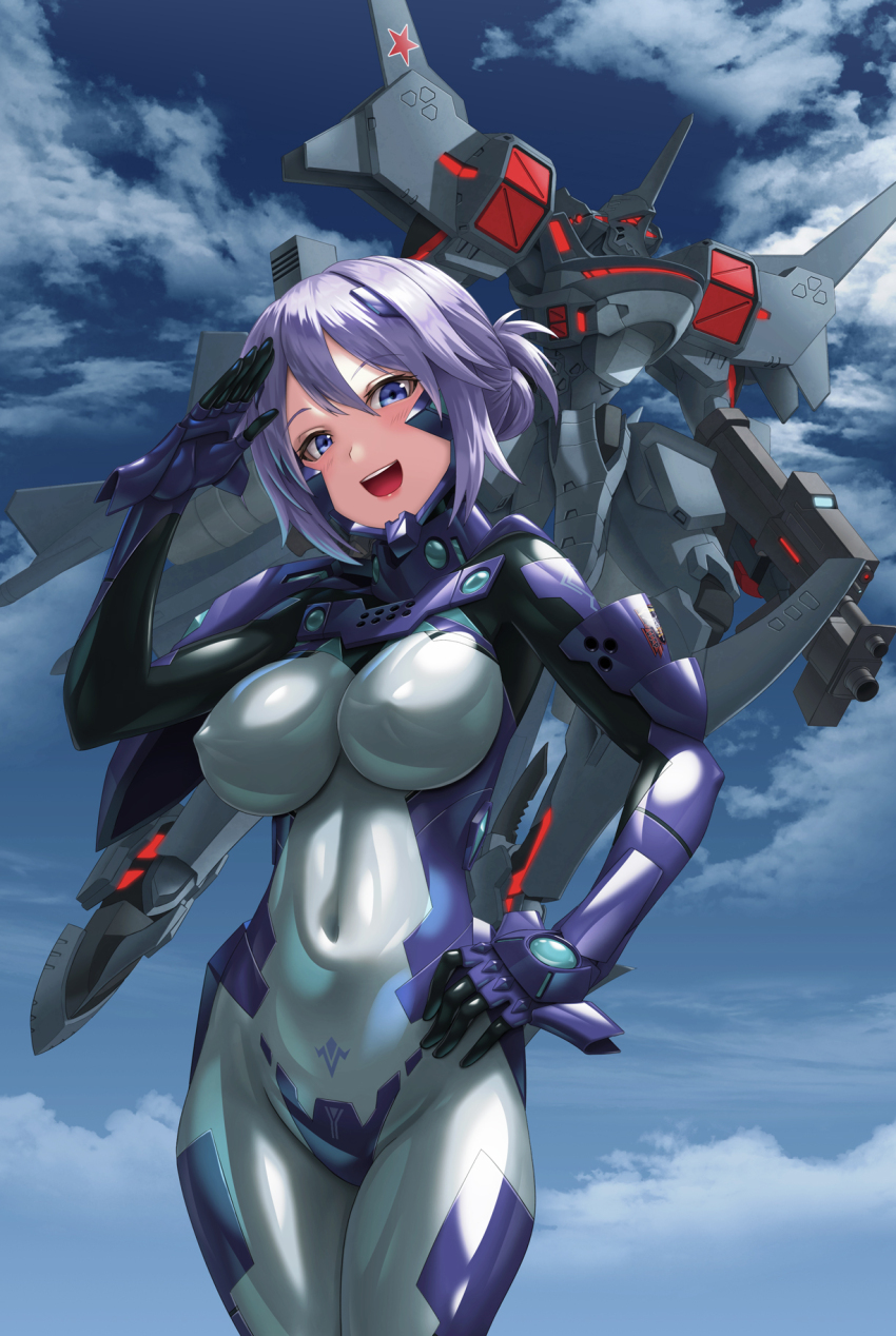 1girl :d armored_bodysuit blue_bodysuit blue_eyes bodysuit breasts character_request cloud cloudy_sky commentary_request commission covered_erect_nipples covered_navel fortified_suit hand_on_own_hip headgear highres impossible_bodysuit impossible_clothes kurione_(zassou) large_breasts looking_at_viewer mecha mecha_pilot_suit muv-luv muv-luv_alternative open_mouth purple_hair robot salute shiny_clothes skeb_commission sky smile solo su-47_berkut_(muv-luv) tactical_surface_fighter teeth upper_teeth_only