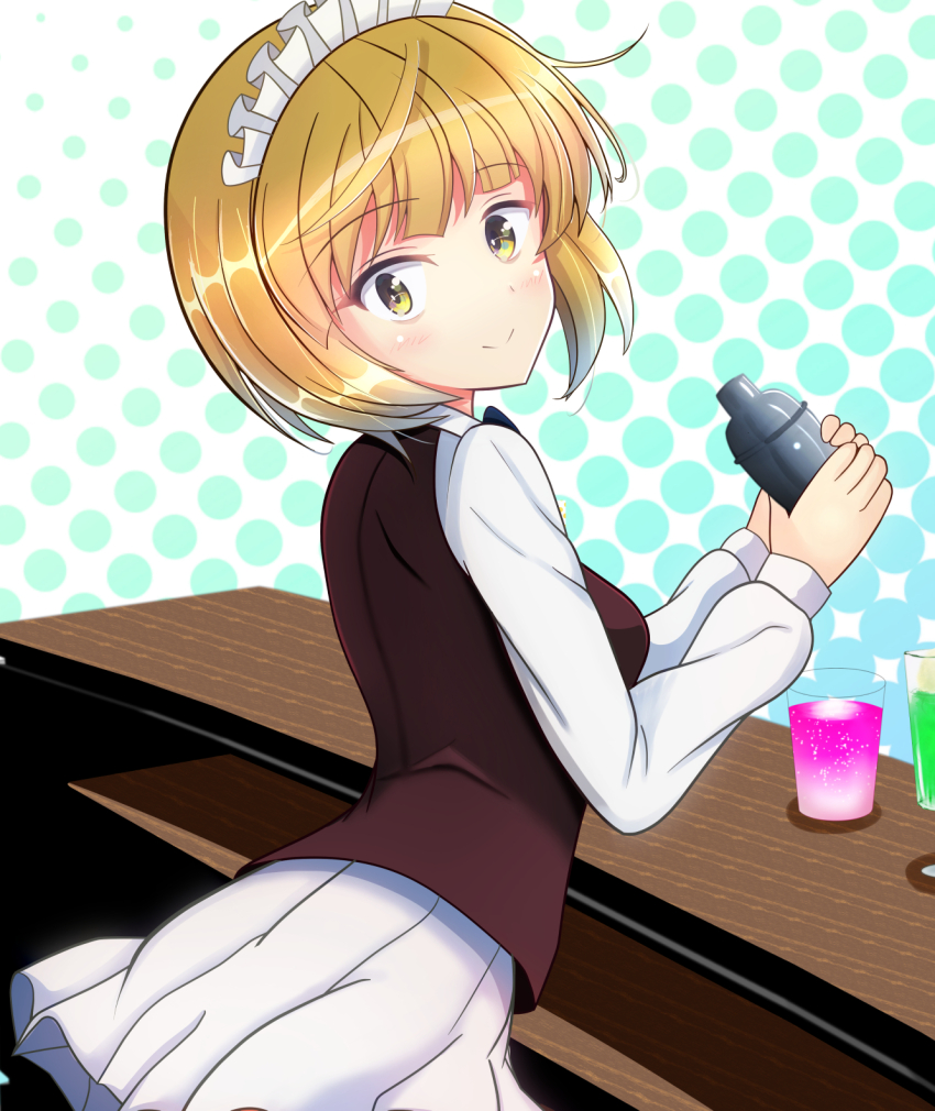 1girl bar_(place) blonde_hair cocktail_glass cocktail_shaker cup cutlass_(girls_und_panzer) drink drinking_glass girls_und_panzer highres kumaisao looking_at_viewer maid_headdress miniskirt ooarai_naval_school_uniform purple_vest school_uniform serafuku shaking short_hair skirt smile table vest white_serafuku white_skirt yellow_eyes