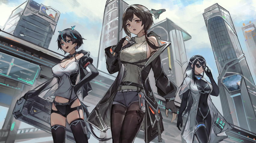 3girls absurdres bare_shoulders black_bodysuit black_choker black_coat black_gloves black_hair black_jacket black_thighhighs blue_shorts blue_streaks bodysuit breasts brown_eyes brown_hair brown_pantyhose building choker cleavage cloud cloudy_sky coat commentary cowboy_shot day elbow_gloves english_commentary gloves highres jacket large_breasts long_hair long_sleeves multicolored_hair multiple_girls open_clothes open_coat open_mouth original outdoors pantyhose shirt short_hair short_sleeves shorts sideboob sky skyscraper streaked_hair sunglasses sweater thighband_pantyhose thighhighs turtleneck turtleneck_sweater vial white_coat white_shirt white_sweater youlan