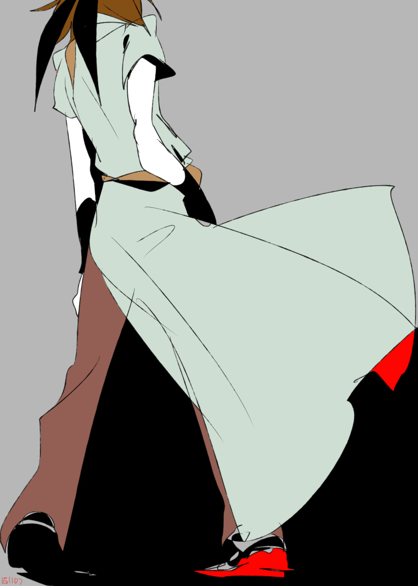 1other androgynous black_footwear black_headband brown_hair brown_pants chinese_commentary chromatic_aberration collared_jacket colorful commentary_request from_behind green_jacket grey_background head_out_of_frame headband highres jacket kurohebi len&#039;en ling_s medium_hair other_focus pants shadow short_sleeves simple_background solo standing