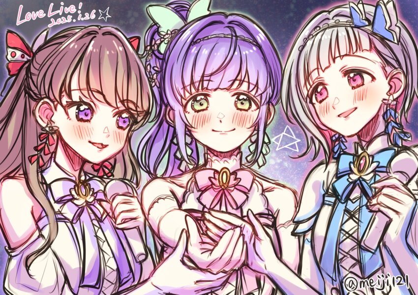 3girls :d aurora_flower_(love_live!) bare_shoulders blue_ribbon blush bob_cut brown_hair butterfly_hair_ornament closed_mouth collarbone colored_inner_hair commentary_request cross-laced_clothes cross-laced_top dated diagonal_bangs elbow_gloves fujishima_megumi gloves green_eyes grey_hair hair_bun hair_intakes hair_ornament hairband highres holding holding_microphone inverted_bob link!_like!_love_live! long_hair love_live! meiji_(mosamoo3) microphone multicolored_hair multiple_girls neck_ribbon open_mouth otomune_kozue pink_eyes pink_hair pink_ribbon purple_background purple_eyes purple_hair purple_ribbon ribbon short_hair side_ponytail sidelocks single_side_bun smile star_(symbol) streaked_hair twitter_username two_side_up upper_body virtual_youtuber white_gloves white_hairband yugiri_tsuzuri