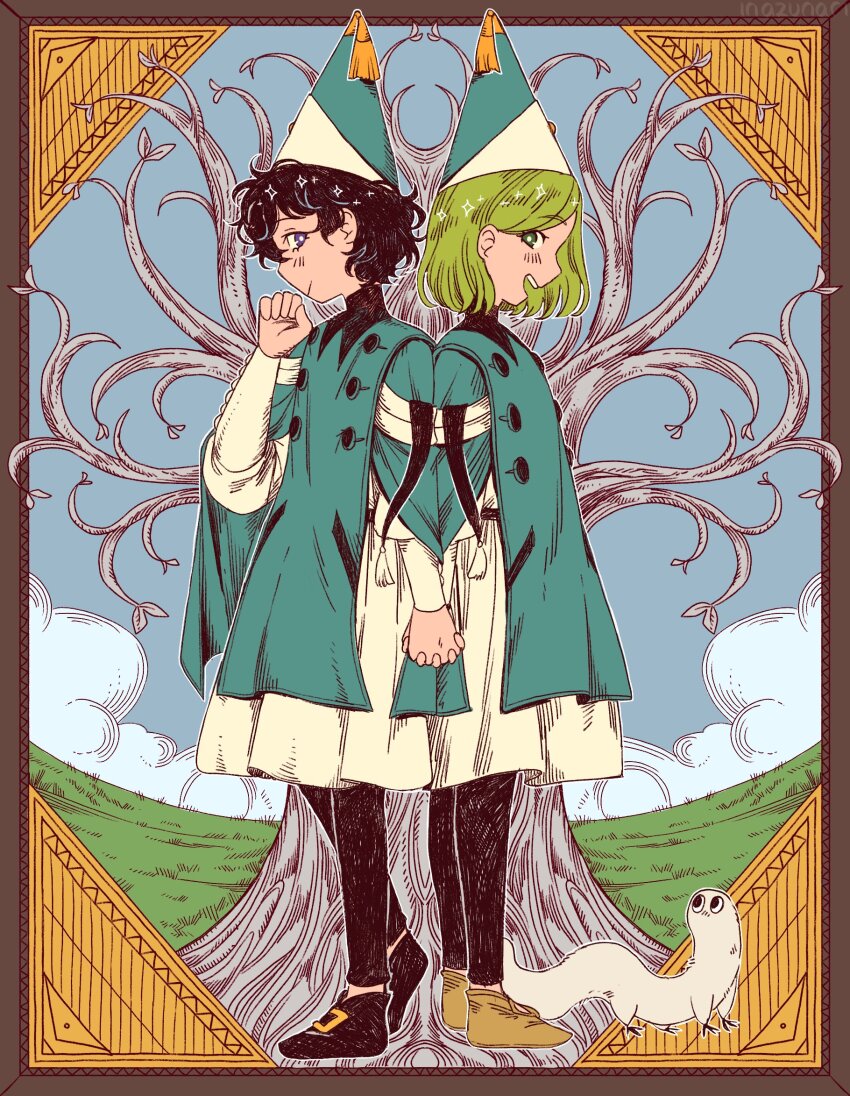 2girls agott_(tongari_boushi_no_atelier) black_hair brushbuddy cloud coco_(tongari_boushi_no_atelier) grass green_eyes green_hair hat highres inazunari interlocked_fingers multiple_girls open_mouth purple_eyes qifrey&#039;s_atelier_apprentice_uniform reverse_trap scenery short_hair tassel teeth tongari_boushi_no_atelier tree upper_teeth_only