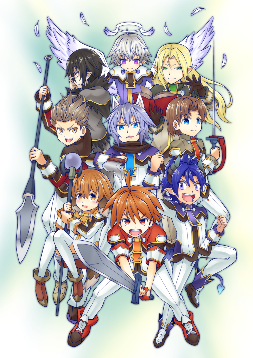 ahoge alvin_granford angel angel_wings black_hair blonde_hair blue_eyes blue_hair book brown_eyes brown_hair cat_boy demon_boy demon_wings dog_boy dog_tail doumoto elf erik_burton fang full_body green_eyes hair_between_eyes halo highres killian_phegor ledo_vassar light_blue_hair low_wings luke_venus male_focus male_pubic_hair mikhail_lancelot mini_wings pointy_ears pop-up_story pubic_hair selim_spark shinigami silver_hair st._feles_gakuen_uniform sword tail weapon wings yellow_eyes yuuri_lessen ziz_glover
