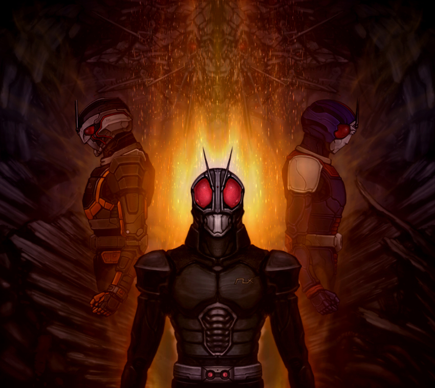 3boys antennae biorider bodysuit helmet kamen_rider kamen_rider_black_rx kamen_rider_black_rx_(series) katou_yuu looking_at_viewer male_focus masked_rider md5_mismatch multiple_boys multiple_persona red_eyes roborider upper_body