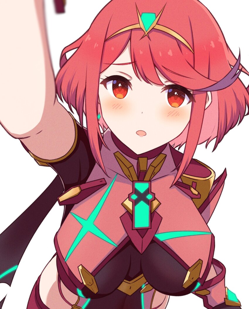 1girl absurdres blush breasts commentary earrings floating_earrings headpat highres incoming_headpat large_breasts looking_at_viewer open_mouth pov pyra_(xenoblade) reason3_s red_eyes red_hair short_hair simple_background tiara upper_body white_background xenoblade_chronicles_(series) xenoblade_chronicles_2