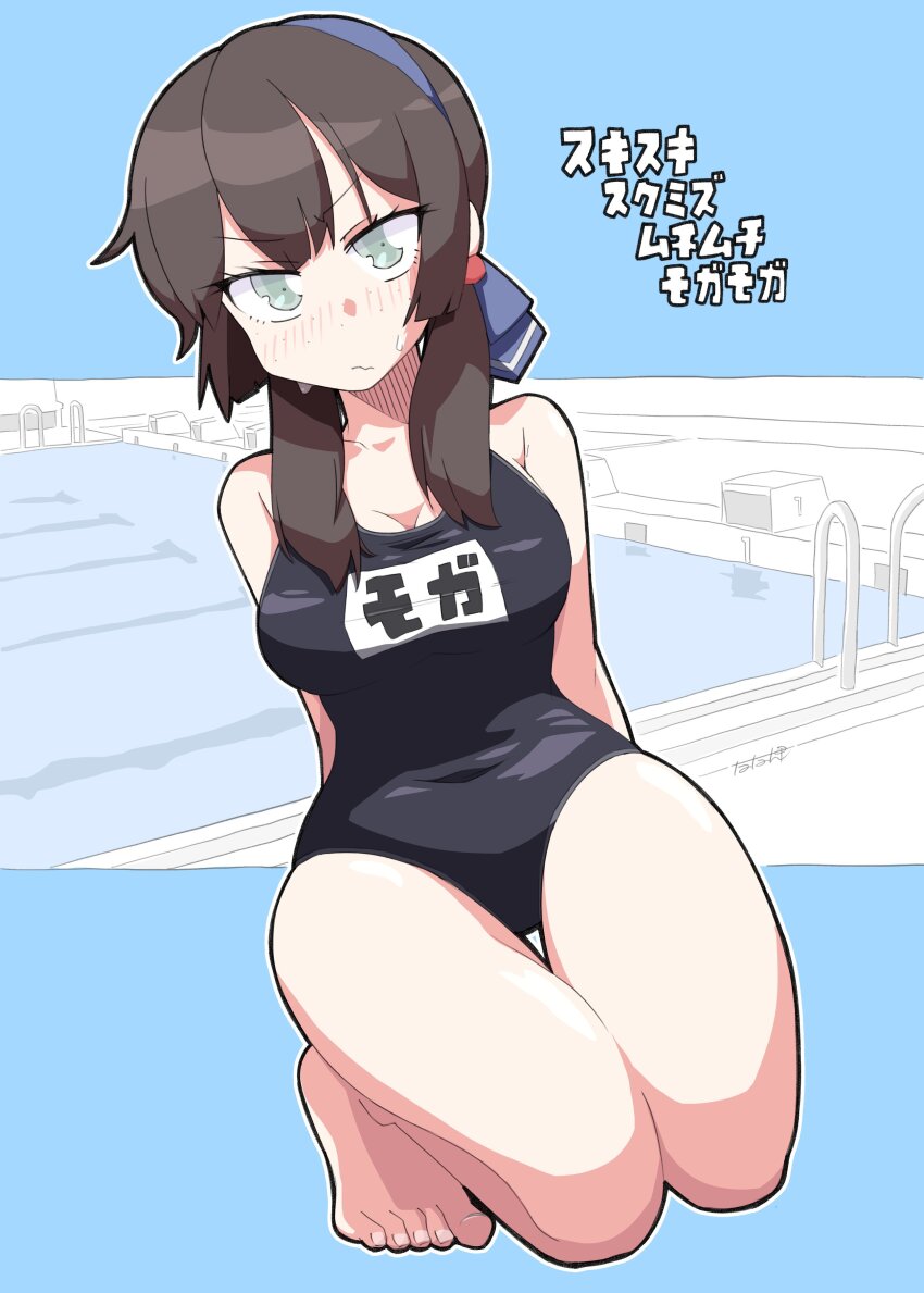 1girl absurdres black_hair black_one-piece_swimsuit blue_hairband blue_ribbon blunt_sidelocks breasts commentary_request freckles green_eyes hairband highres kantai_collection large_breasts long_hair looking_at_viewer mogador_(kancolle) name_tag one-piece_swimsuit ribbon school_swimsuit solo swimsuit tatahai translation_request