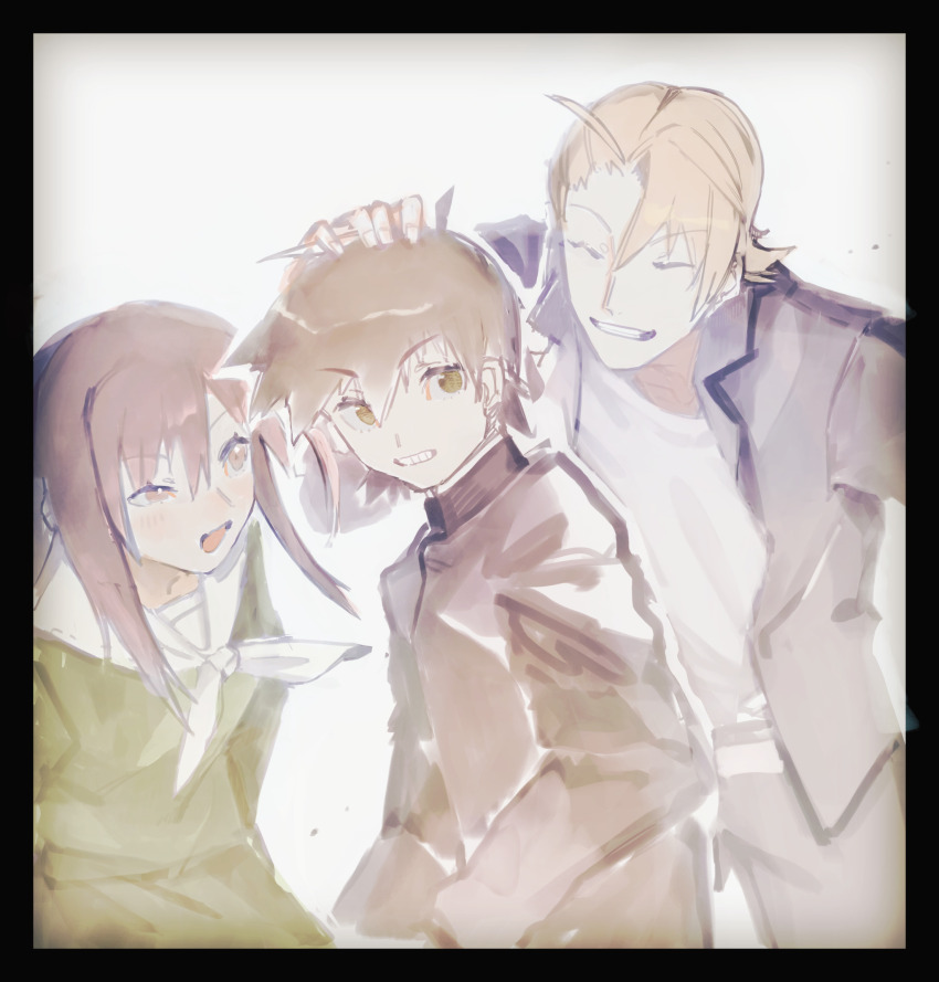 1girl 2boys ahoge black_border black_jacket border breasts brown_hair closed_eyes friends gakuran green_shirt grin half-closed_eye hand_on_another&#039;s_head highres inagi_tadayasu jacket kurusuno_konatsu light_blush medium_hair multiple_boys naughty_face neckerchief nitta_yuhi nitta_yuuhi pale_color red_hair sailor school_uniform shirt short_hair sidelocks small_breasts smile soukou_akki_muramasa spiked_hair the_hayane_zaurus white_neckerchief white_shirt