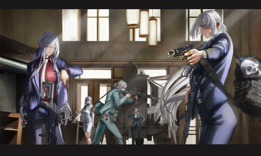 6+girls absurdres ak-12 ak-12_(girls&#039;_frontline) ak-12_(lucia)_(girls&#039;_frontline) ak-15 ak-15_(erwin)_(girls&#039;_frontline) ak-15_(girls&#039;_frontline) an-94 an-94_(antje)_(girls&#039;_frontline) an-94_(girls&#039;_frontline) angelia_(girls&#039;_frontline) armored_personnel_carrier armored_vehicle assault_rifle bag batman_(series) black_hair business_suit clown_mask dc_comics defy_(girls&#039;_frontline) duffel_bag formal_clothes girls&#039;_frontline gun handgun highres kalashnikov_rifle mask motor_vehicle mp-443_grach multiple_girls necktie official_alternate_costume pkp_(girls&#039;_frontline) purple_eyes rifle rpk-16_(girls&#039;_frontline) rpk-16_(renate)_(girls&#039;_frontline) scenery short_hair suit suitcase the_dark_knight utsuda walkie-talkie weapon white_hair