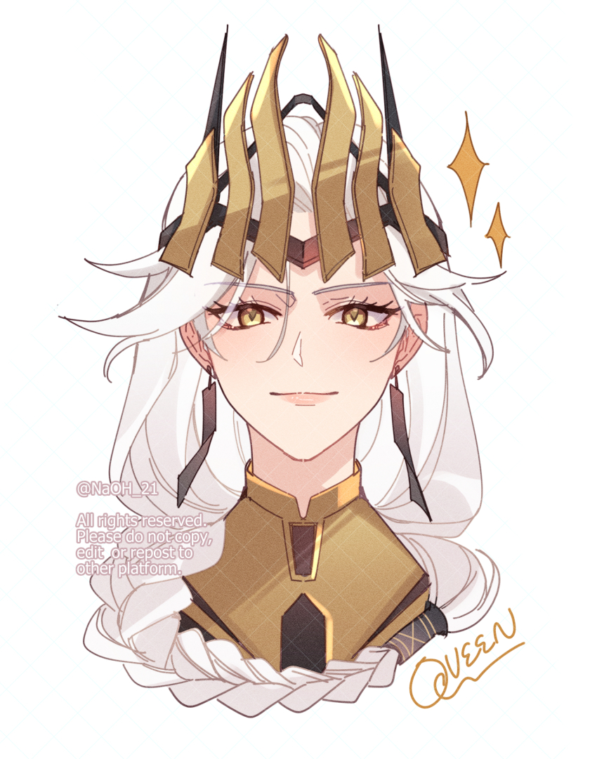 1girl armor braid cropped_shoulders gold_armor highres long_hair looking_at_viewer naoh_21 portrait queen_(to_be_hero_x) single_braid smirk solo sparkle tiara to_be_hero to_be_hero_x very_long_hair white_hair yellow_eyes
