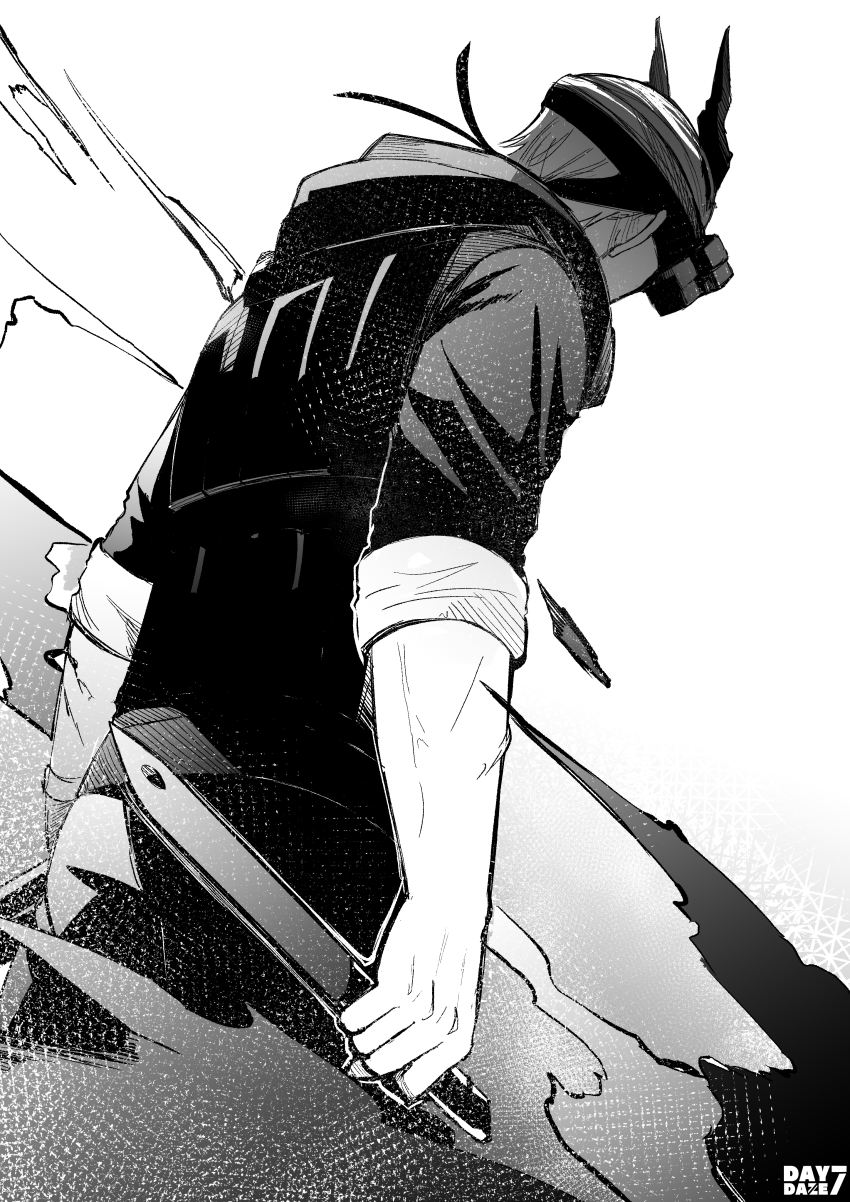 1boy absurdres arknights artist_logo artist_name bulletproof_vest commentary cowboy_shot day7daze english_commentary greyscale highres holding holding_knife holding_weapon horns knife logo male_focus misery_(arknights) monochrome shirt short_hair sleeves_rolled_up solo standing vest weapon