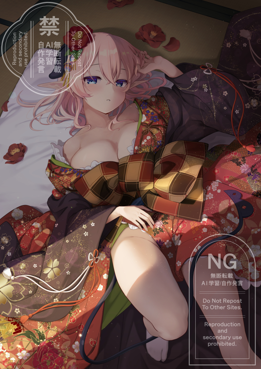 1girl absurdres bare_shoulders black_haori blue_eyes breasts checkered_clothes checkered_kimono collarbone commentary_request crossed_bangs demon_girl demon_tail fingernails floor floral_print flower flower_knot futon hair_between_eyes hair_flower hair_ornament hand_up haori highres indoors japanese_clothes kanzashi kimono large_breasts legs long_sleeves looking_at_viewer looking_up lying nnyara no_panties no_shoes on_back open_clothes original petals pink_hair pointy_ears red_flower red_kimono shadow short_hair socks solo tail tassel teeth thighs watermark white_socks wide_sleeves