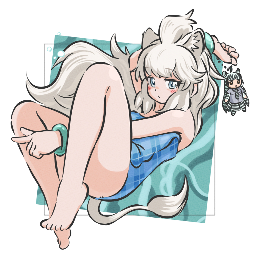 1girl animal_ears appleq arm_behind_head arm_up bare_legs bare_shoulders barefoot between_legs blue_eyes blue_one-piece_swimsuit blush character_doll closed_mouth commentary_request full_body grey_hair hand_between_legs highres holding kemono_friends lion_ears lion_girl lion_tail looking_at_viewer one-piece_swimsuit plaid_one-piece_swimsuit plains_zebra_(kemono_friends) solo swimsuit tail white_background white_lion_(kemono_friends)