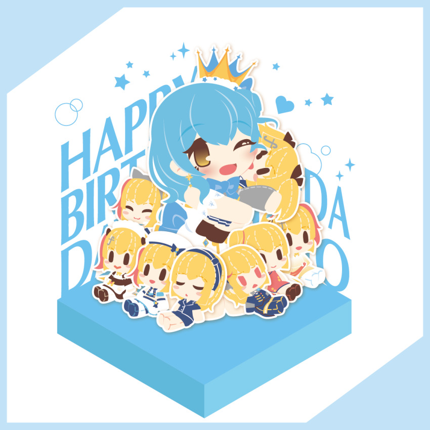 1girl battle_girl_high_school blonde_hair blue_border blue_bow blue_hair border bow brown_eyes character_doll character_name chibi chibi_only commentary_request crown forte_(symbol) fortissimo hair_ornament happy_birthday heart kougami_kanon kunieda_shiho motyomi musical_note musical_note_hair_ornament one_eye_closed open_mouth shirt white_shirt
