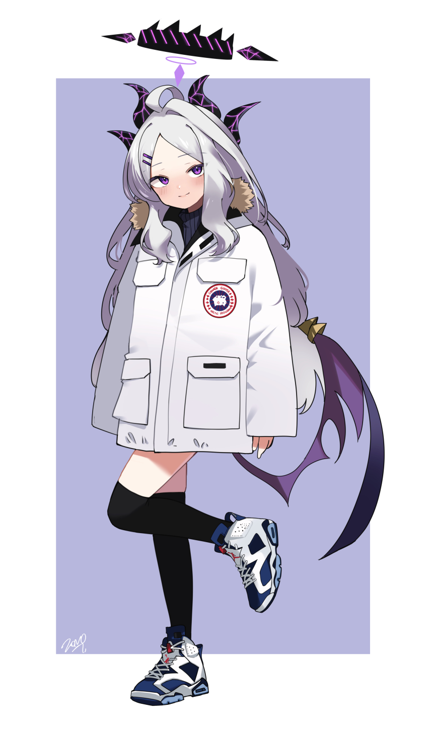 1girl absurdres black_halo black_horns black_sweater black_thighhighs blue_archive blush closed_mouth coat commentary_request foot_up full_body fur_coat grey_hair hair_ornament hairclip halo highres hina_(blue_archive) horns long_hair long_sleeves looking_at_viewer low_wings parted_bangs purple_background purple_eyes signature simple_background smile solo standing standing_on_one_leg sweater swept_bangs thighhighs turtleneck turtleneck_sweater two-tone_background white_background white_coat wings zono_(inokura_syuzo029)